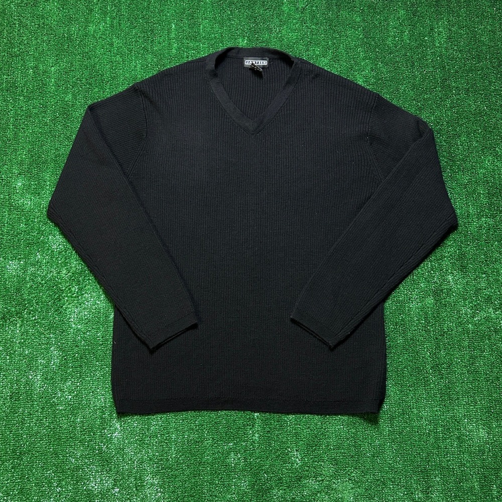 Vintage 90s Jantzen Sweater V Neck Ribbed Wool Grunge Minimalist Black Mens M
